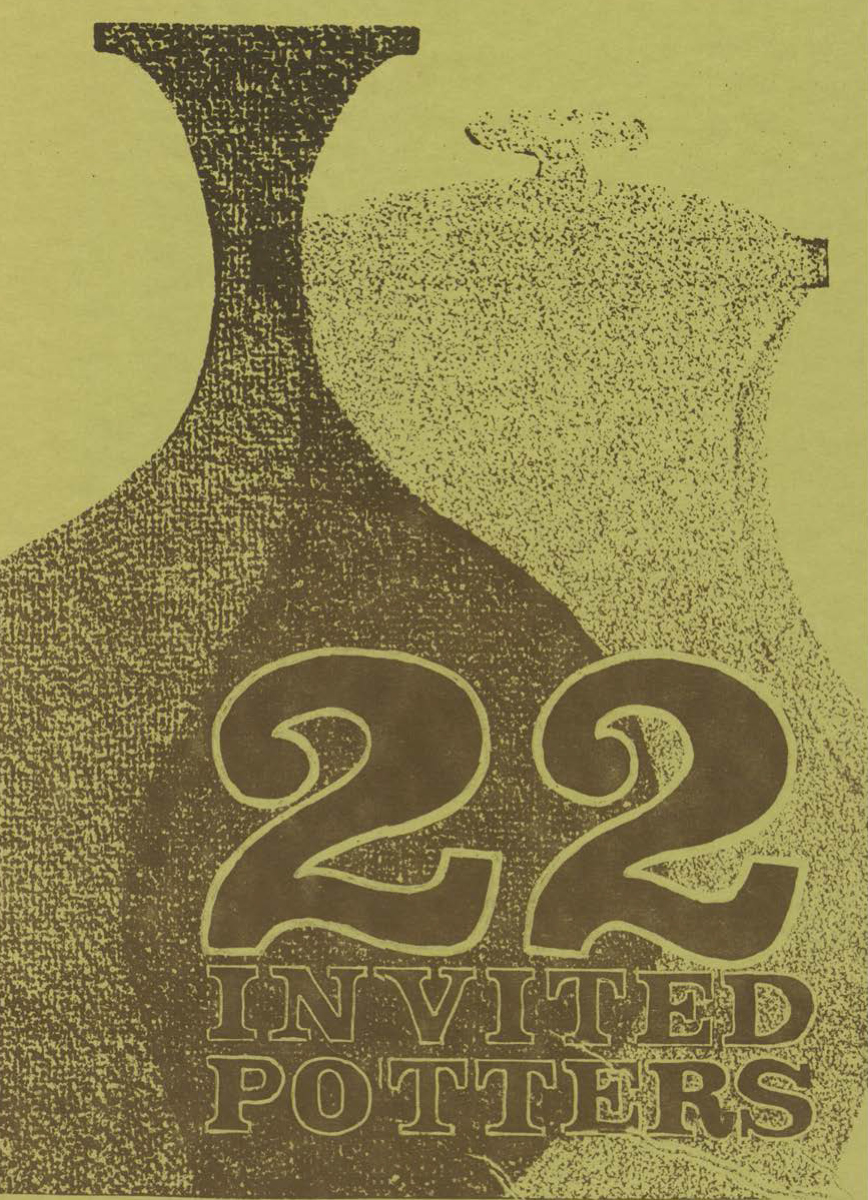 Catalogue cover featuring an abstract print of two pots, and text 22 invited potters, in brown on a yellow background. Catalogue cover featuring an abstract print of two pots, and text 22 invited potters, in brown on a yellow background.