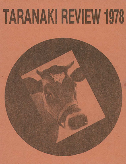 Catalogue cover with text Taranaki Review 1978, and a cow image, on terracotta coloured background Catalogue cover with text Taranaki Review 1978, and a cow image, on terracotta coloured background